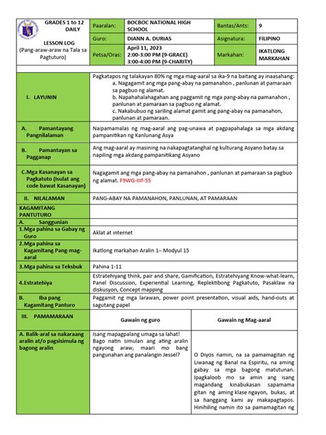 LESSON-PLAN-FOR-G9-Pang-abay-na-pamanahon-panlunan-at-pamaraan | PDF