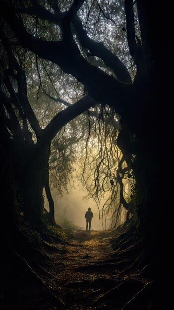 Silhueta de pessoa em pé na floresta escura luz horror conceito de