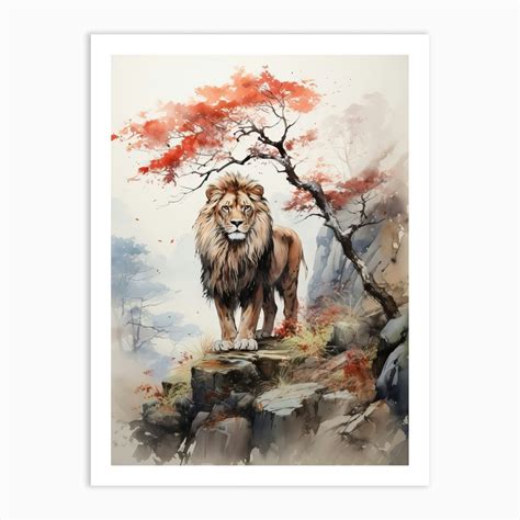 Lion, Japanese Brush Painting, Ukiyo E, Minimal 3 Art Print by Ukiyo-e ...