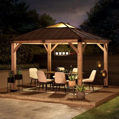 Sunjoy Outdoor Patio 11 Ft X 11 Ft Cedar Framed Gazebo With Brown Steel And Polycarbonate Hip