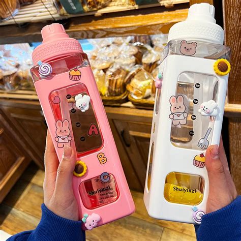 Ml Kawaii Water Bottle With Straw D Cute Bear Sticker Bpa Free