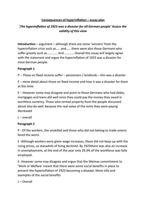 Copy Of Consequences Of Hyperinflation Essay Plan Consequences Of