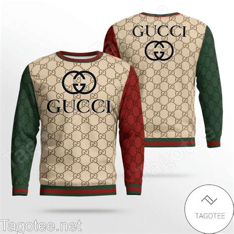 Gucci Beige Monogram With Red And Green Sleeves Sweater Tagotee