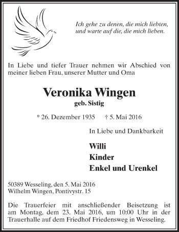 Traueranzeigen Von Veronika Wingen WirTrauern