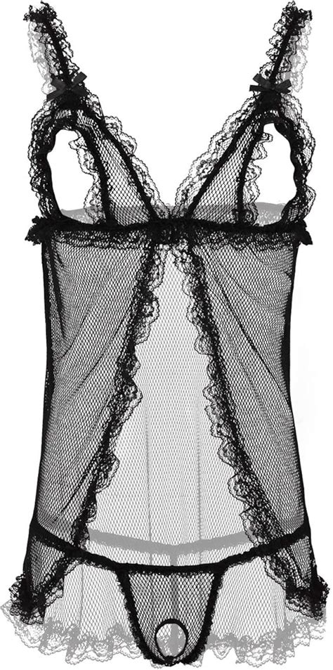 Freebily Sexy Fishnet Lace Babydoll Lingerie For Women Cupless Chemise Set Mesh Sheer Sleepwear