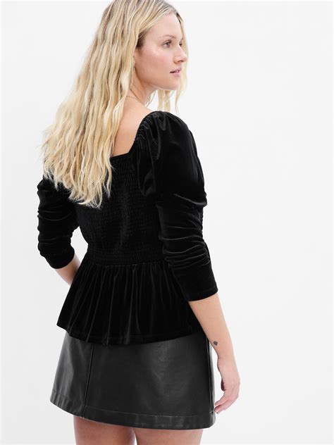 Puff Sleeve Smocked Peplum Velvet Top Gap