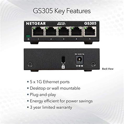 Netgear 5 Port Gigabit Ethernet Unmanaged Switch Gs305 Home Network Hub Office Ethernet