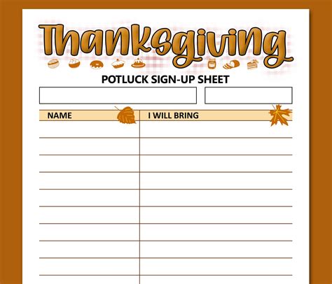 Thanksgiving Potluck Sign up Sheet Printable Form, Letter Size - Etsy