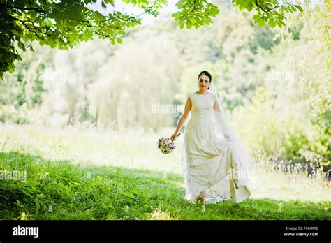 Gorgeus Brunette Bride Outdoors Stock Photo Alamy