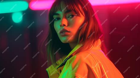 Premium Ai Image A Woman Stands In Front Of A Neon Wall With Neon