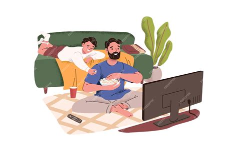 Premium Vector Father And Son Watching Movie On Tv At Home Happy Dad