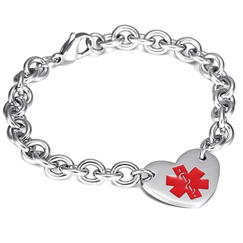 Medical Alert ID Bracelets Stianless Steel with Heart shape Pendant Bracelets High quality craft ...