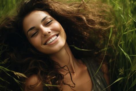 Premium Photo Radiant Smiling Relaxing Brunette On Green Grass Generate Ai