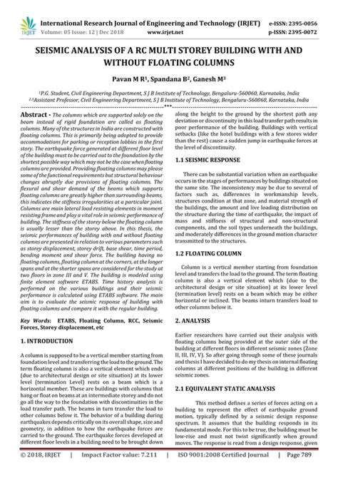 Irjet Seismic Analysis Of A Rc Multi Storey Building With And Without Floating Columns Pdf