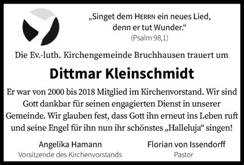 Traueranzeigen Von Dittmar Kleinschmidt Trauer Kreiszeitung De