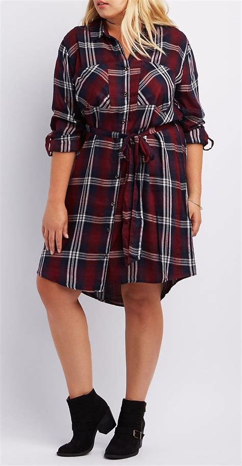 Plus Size Belted Plaid Shirt Dress Moda Feminina Moda Roupas