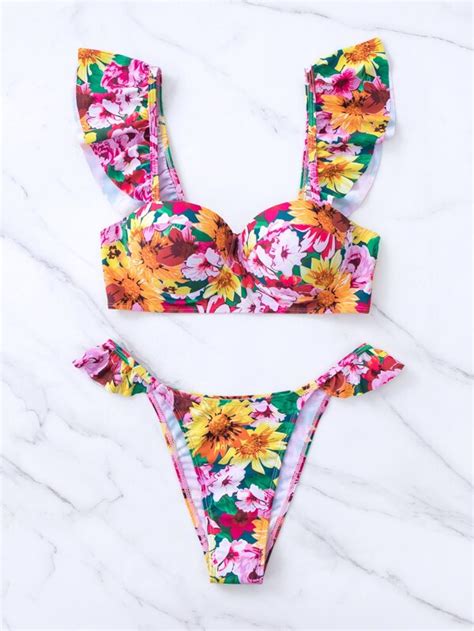 SHEIN Swim Mod Floral Print Bikini Set Ruffle Trim Push Up Top High