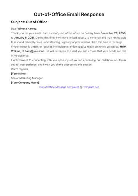 Free Out of Office Email Response Template to Edit Online