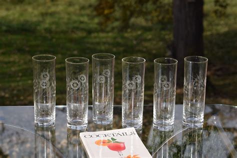 Vintage Etched Collins Glasses Set Of 6 Cocktail Party Glasses Mid Century Collins Glasses