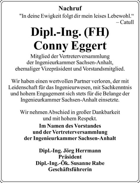 Traueranzeigen Von Dipl Ing FH Conny Eggert Abschied Nehmen De