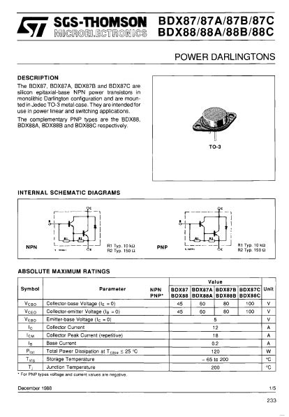 Bdx88c Stmicroelectronics Darlingtons Hoja De Datos Ficha Técnica