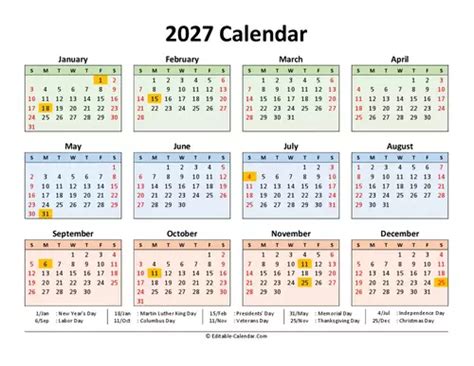 2027 Calendar with US holidays, Editable in Excel, Word, PDF