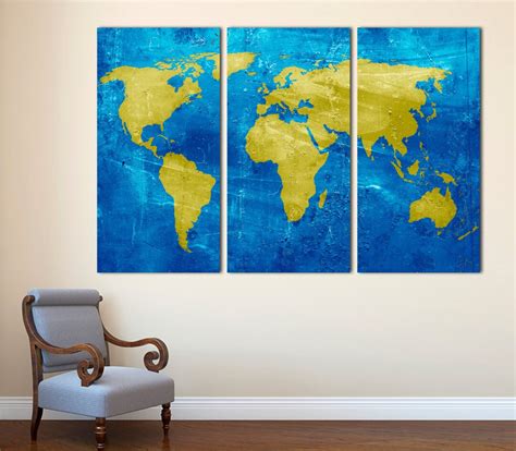 Blue And Yellow World Map Canvas Print 3 Panel Split Triptych