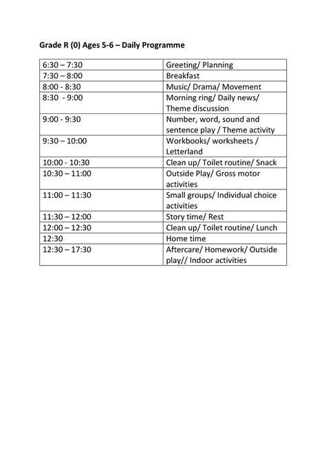 Daily Programmes For All Ages Grade R Ages Daily Programme