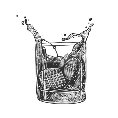 Vector Engraved Style Old Fashioned Alcoholic Cocktail Illustration For