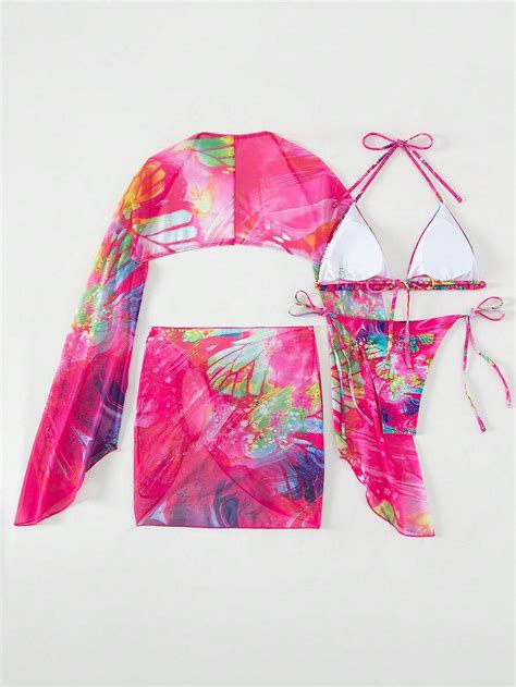 Shein De Tie Dye Ba Ador Bikini Tri Ngulo Halter Con Cover Up Set