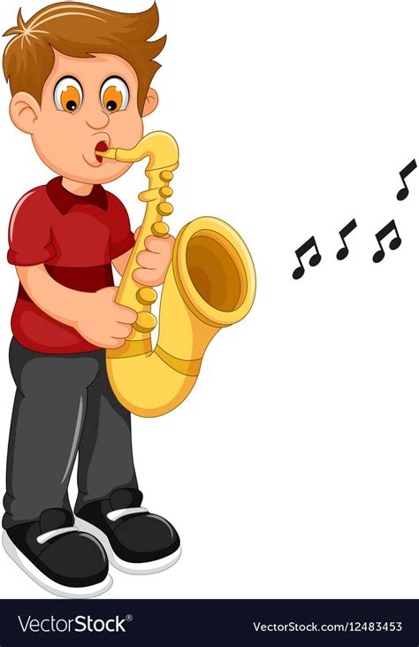 Funny boy cartoon playing trumpet Royalty Free Vector Image