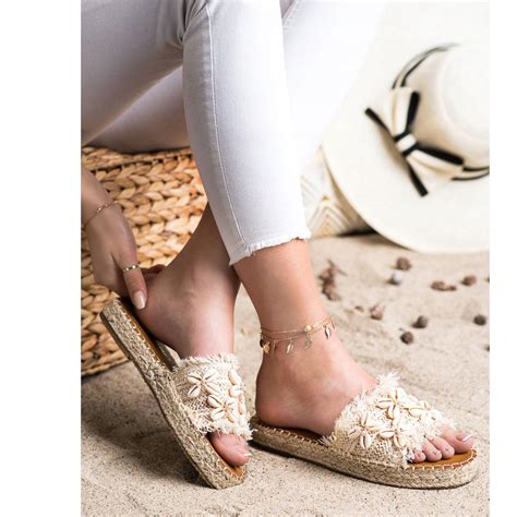 Seastar Espadrilles Braided Flip Flops With Shells Beige Keeshoes