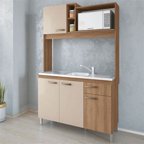 Cozinha Compacta Yara Portas Gaveta Amêndoa Nude Móveis Sul