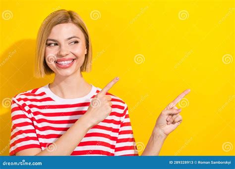 Portrait Of Cheerful Girl With Bob Hairstyle Wear Stylish T Shirt Look