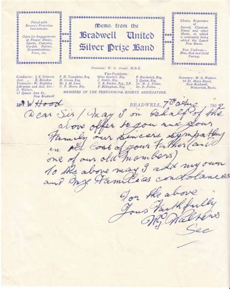 Handwritten Memo From The Bradwell United Silver Prize Band 1952