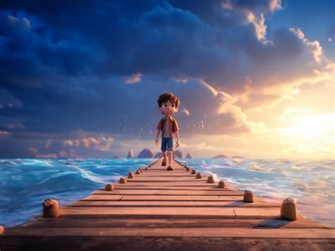 Premium AI Image | Disney Pixar boy walking on a bridge by the sea with ...