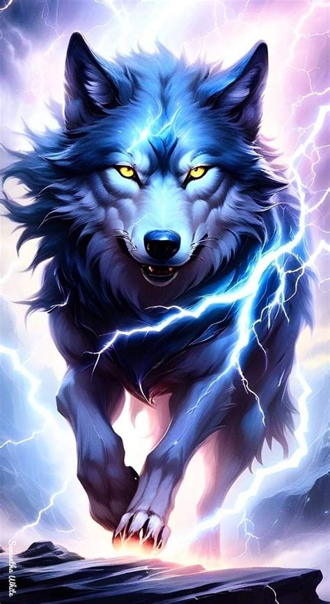 Powerful Black Wolf Running with Lightning