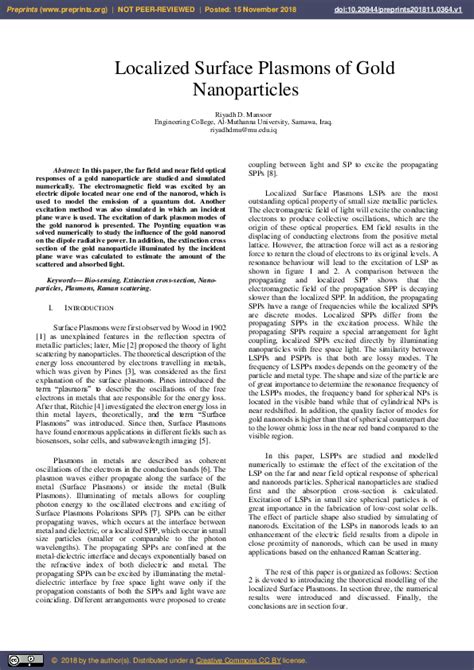 Pdf Localized Surface Plasmons Of Gold Nanoparticles