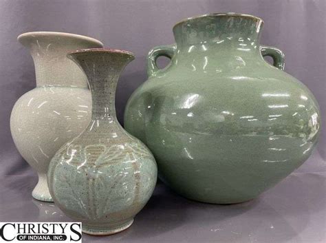 3 Jade And Celadon Pottery Vases Tallest 11 One Has Mark Christys