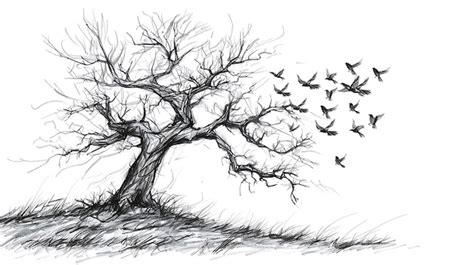 Premium Photo | A drawing of a tree with birds flying in the sky