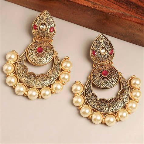 Oomph Jewellery Antique Gold Tone Red Stone Pearls South Indian