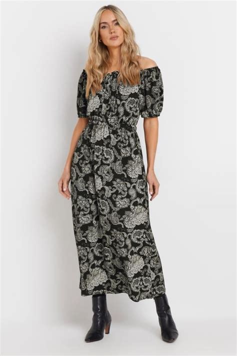 LTS Tall Women S Black Paisley Print Bardot Midaxi Dress Long Tall Sally