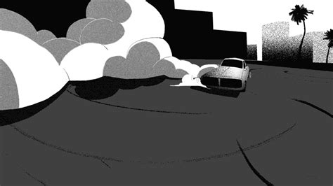 Cartoon gif. A black and white animation of a car doing donuts on pavement in a tropical city ...