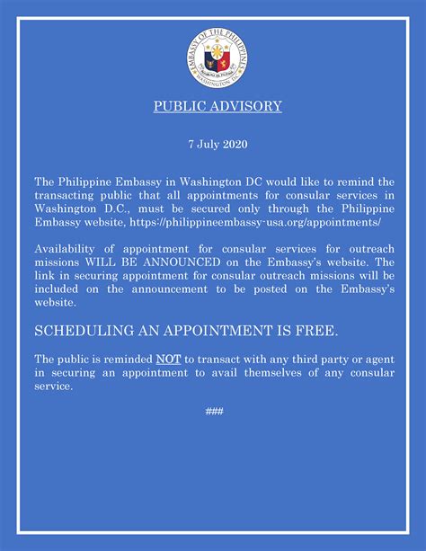 Public Advisory On Consular Appointments Embassy Of The Republic Of The Philippines