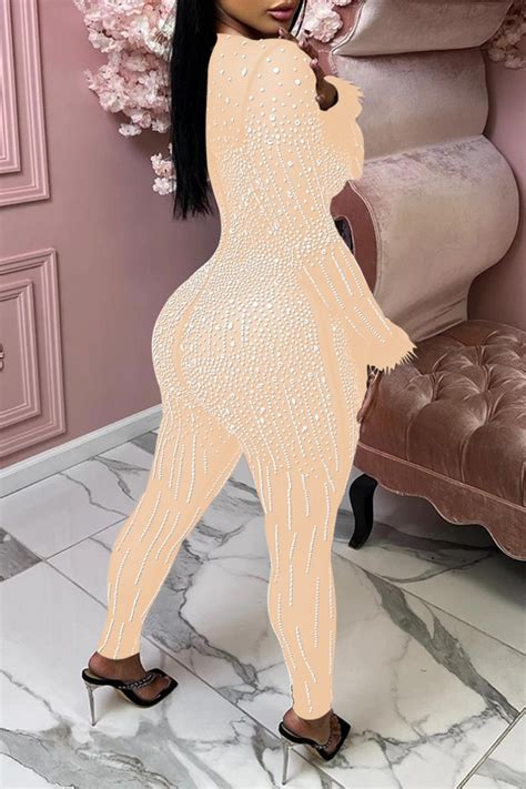 Wholesale Red Sexy Patchwork Hot Drilling See Through O Neck Skinny Jumpsuits K Online