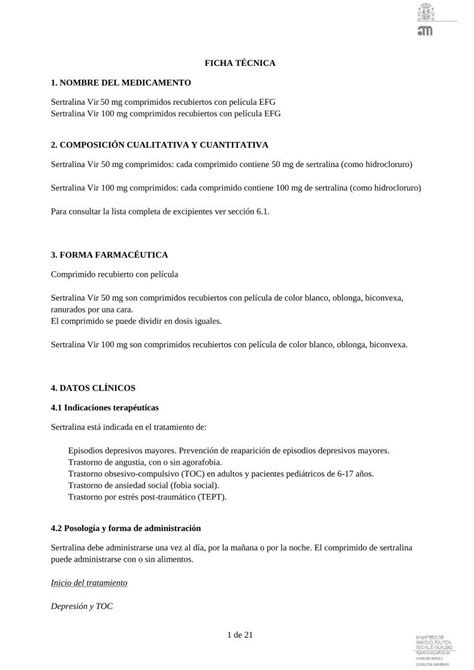 PDF FICHA TÉCNICA 1 NOMBRE DEL MEDICAMENTO 2 Sertralina Vir 100