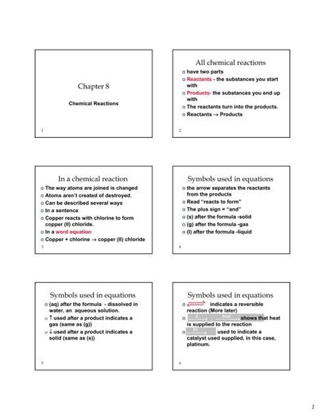 Chapter 8 All chemical reactions In a chemical reaction Symbols ...