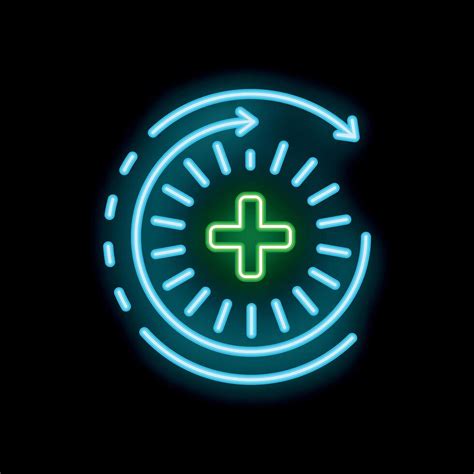 neon green cross sign surrounded  blue circular arrows  black