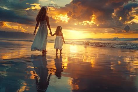 Premium Photo Mother And Daughter Embracing Serenity Beachside Sunset