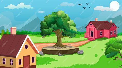 Premium Vector | Beautiful village cartoon background of green meadows and surrounded by trees ...